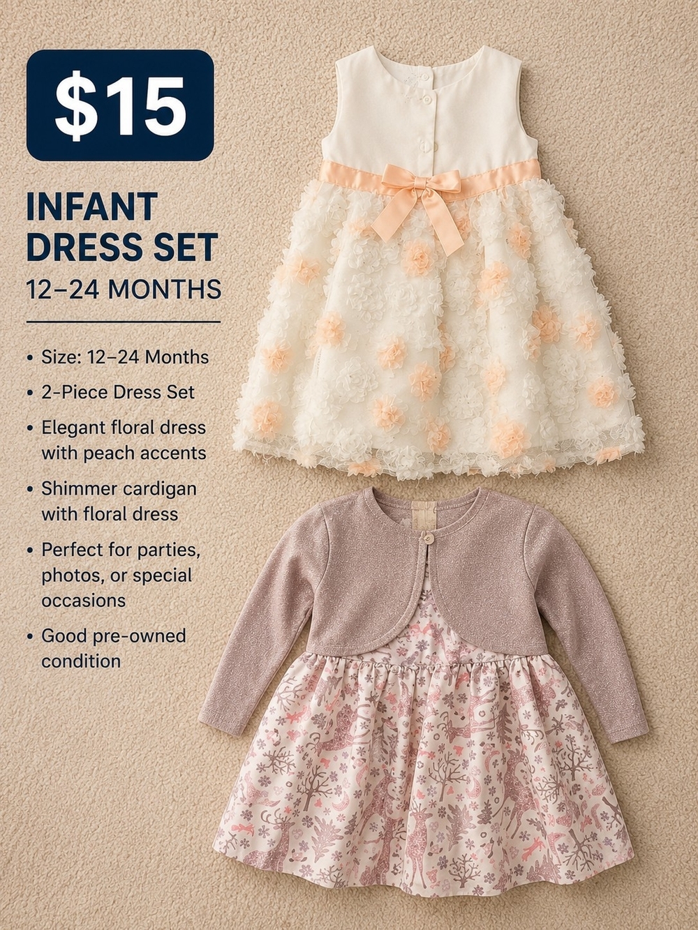 Infant Peach & Cream Floral Dress Set with Shimmer Cardigan - 12-24 Months - Picture 1 of 1